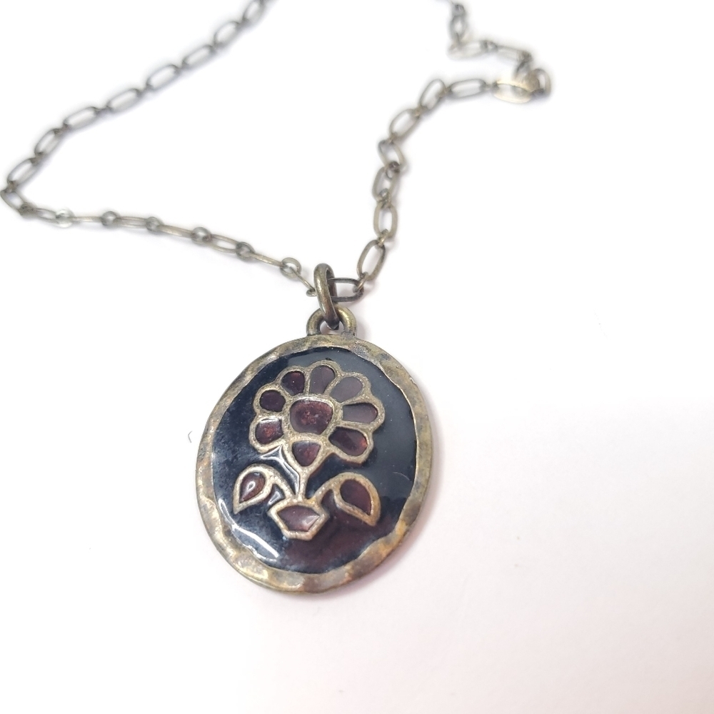 XC Floral Pendant Necklace Brass Toned